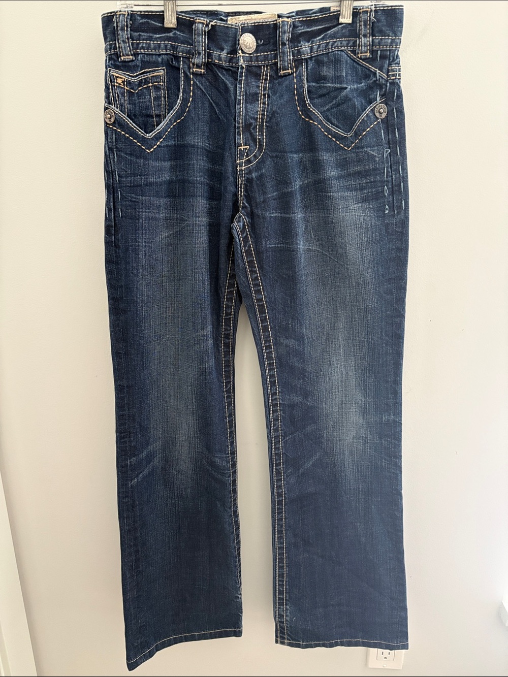 MEK Denim Men’s Dark Wash Bootcut Jeans Y2K Western Contrast Stitch Size 30x34